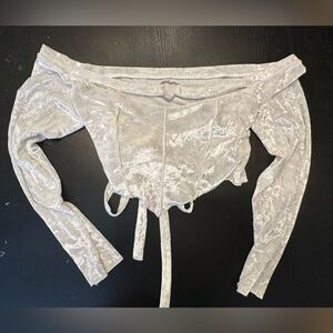 Shein Women’s Crushed Velvet Crop Top XL White Rhinestone Heart Peasant Glam